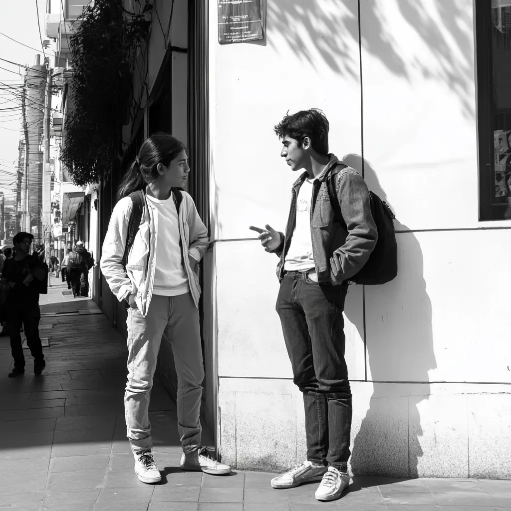 Dos jóvenes peruanos discuten la pronunciación de la palabra empeñar 